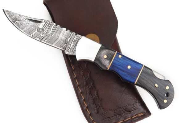 Multitool leather pouch with pocket folding knife and wooden handle