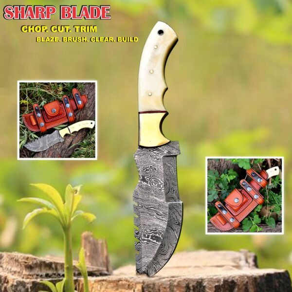 Bushcraft knife with Damascus Steel Blade and Bone Handle, Best for Christmas Gift Idea