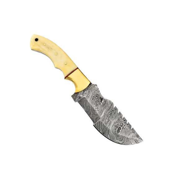 Fixed Blade Hunting Knife with Damascus Blade and Bone Handle, Comes with Leather Sheath, Lanyard Hole, Brass Bolster and Pins