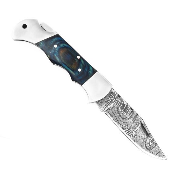 Vintage Pocket Knife, Damascus Steel Knife with Blue Handle and Sheath. Comes with Razor Sharp Blade, Lanyard Hole, Steel pins and Knife Sheath